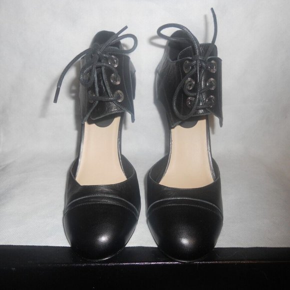 CHANEL Black Leather Cinema Mary Jane Lace Tie Up Pumps Shoes Heels - Picture 5 of 14
